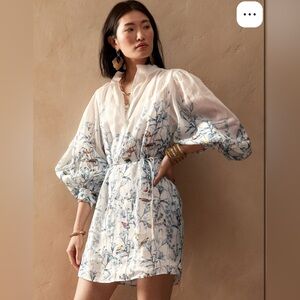 Banana Republic White Floral Ramie Mini Dress with Blue Botanical Print